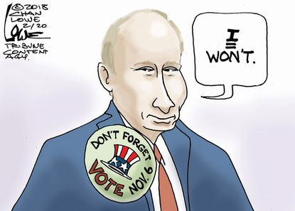 Political cartoon U.S. Russia investigation midterms election meddling Putin