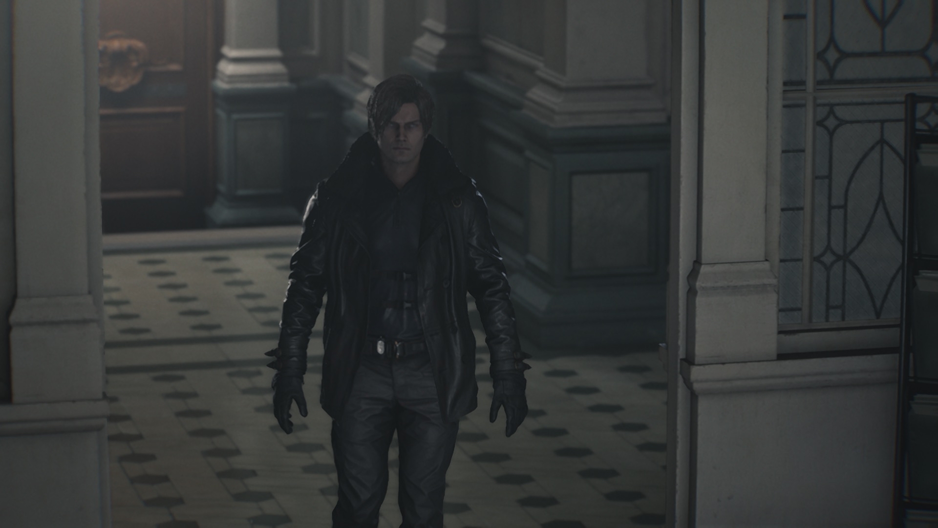 Leon Kennedy walking into the Raccoon City police station in Resident Evil Requiem