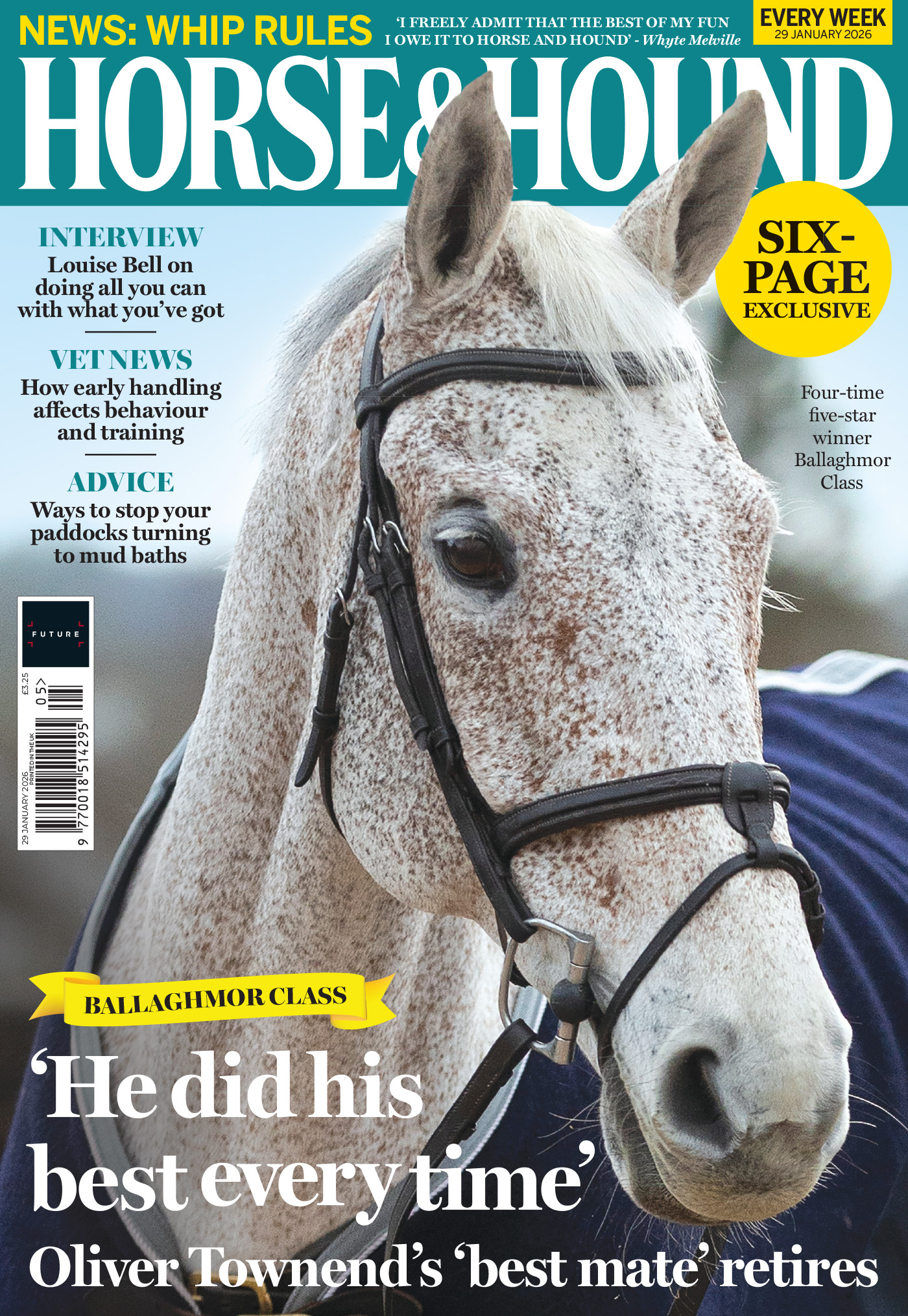Cover of Horse &amp; Hound, in shops from 29th January, featuring fleabitten grey eventing gelding Ballaghmor Class