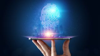 Hologram fingerprint hovering above a smartphone