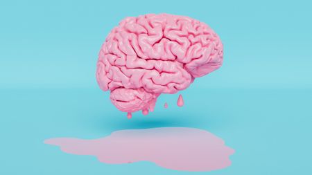 A pink brain drips as if melting onto a blue floor. 