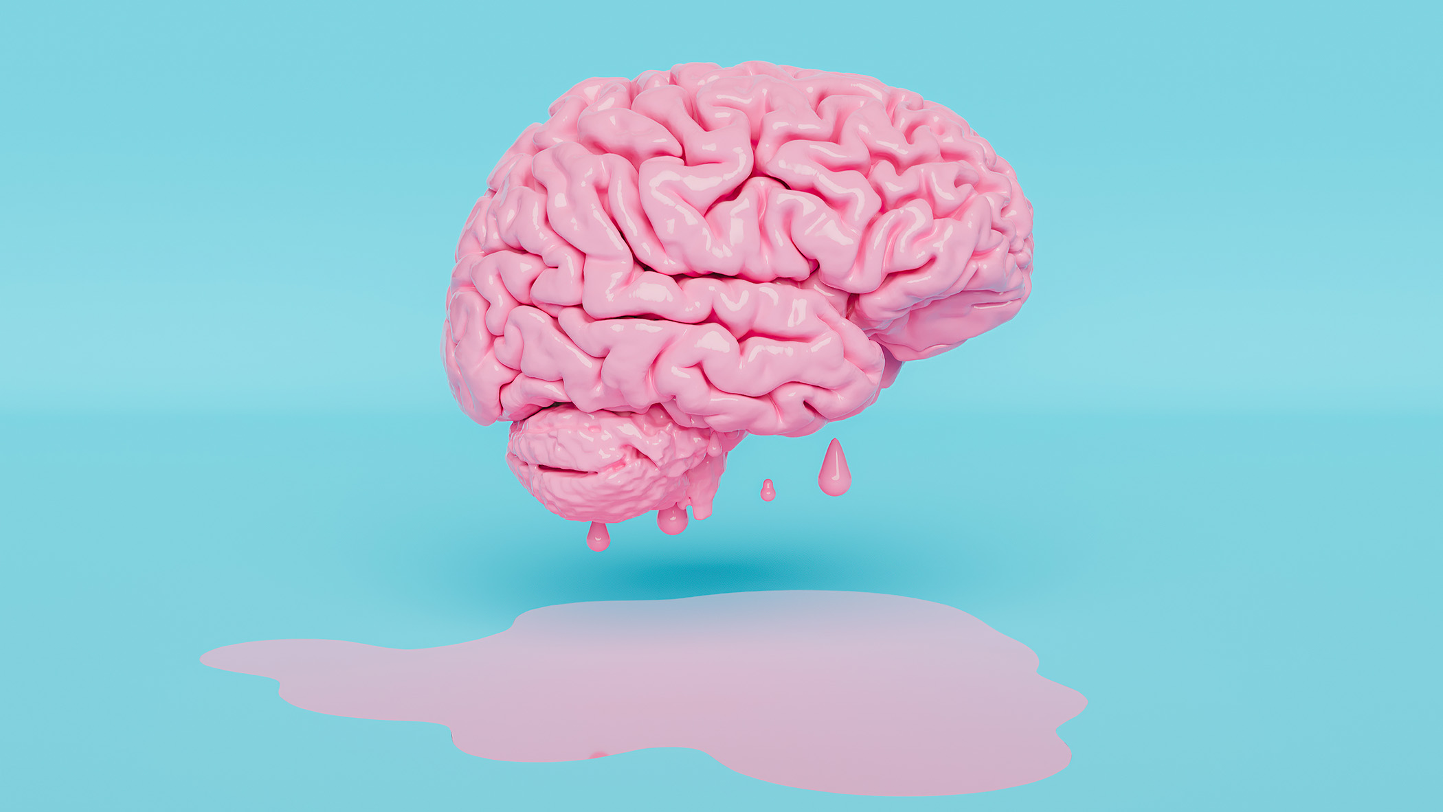 A pink brain drips as if melting onto a blue floor. 