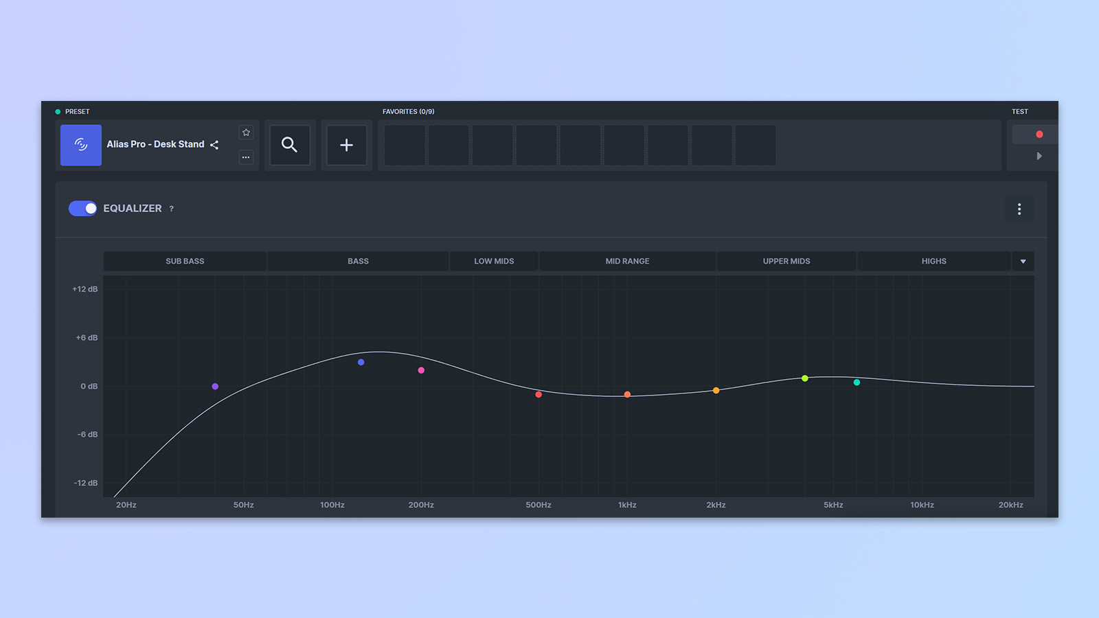 Ein Screenshot der SteelSeries Sonar-App, der das virtuelle Mischpult, den EQ und die Voreinstellungen zeigt