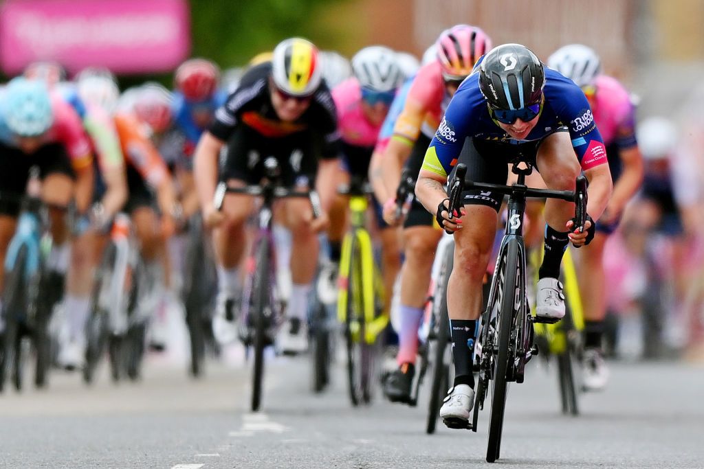 EPPING ENGLAND MAY 28 Lorena Wiebes of Netherlands and Team DSM blue leader jersey sprints at finish line to win the 5th RideLondon Classique 2022 Stage 2 a 1417km stage from Chelmsford to Epping RideLondon UCIWWT on May 28 2022 in Epping England Photo by Justin SetterfieldGetty Images