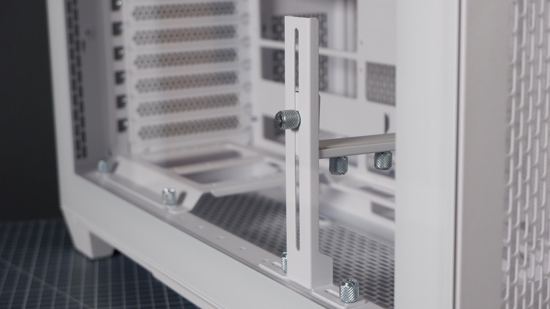 Thermaltake View 390 Air chassis on a desk. We're building a PC into it for testing and comparison with other PC cases.