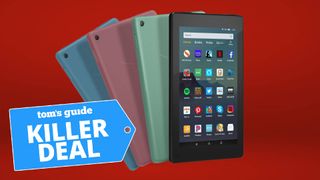 A photo of 4 Amazon Fire 7 tablets in different colors on a red background. The "Tom's Guide killer deal" tag is overlaid.