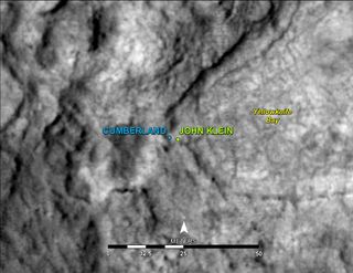 This map shows the location of "Cumberland," the second rock-drilling target for NASA's Mars rover Curiosity, in relation to the rover's first drilling target, "John Klein." Image released May 9, 2013.