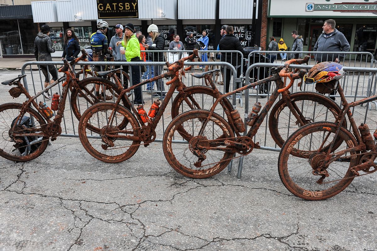Muddy bikes at the finish