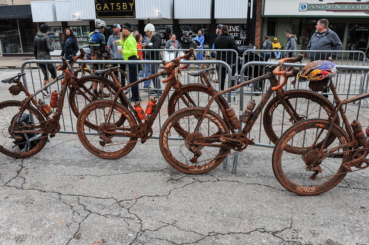 Muddy bikes at the finish