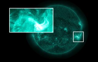 A solar filament (inset at left) fails to erupt from an active region of the sun (highlighted at right) on Sept. 30, 2014 in this still from a NASA video released Aug. 11, 2017 that chronicles the entire event.