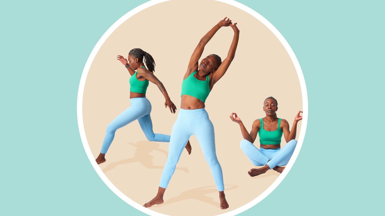 Woman in various exercise poses, woman in studio running, stretching and meditating, benefits of exercise