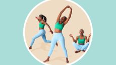 Woman in various exercise poses, woman in studio running, stretching and meditating, benefits of exercise