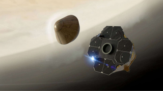 a cone-shaped probe departs from a larger, hexagonal spacecraft above a pale yellow orb