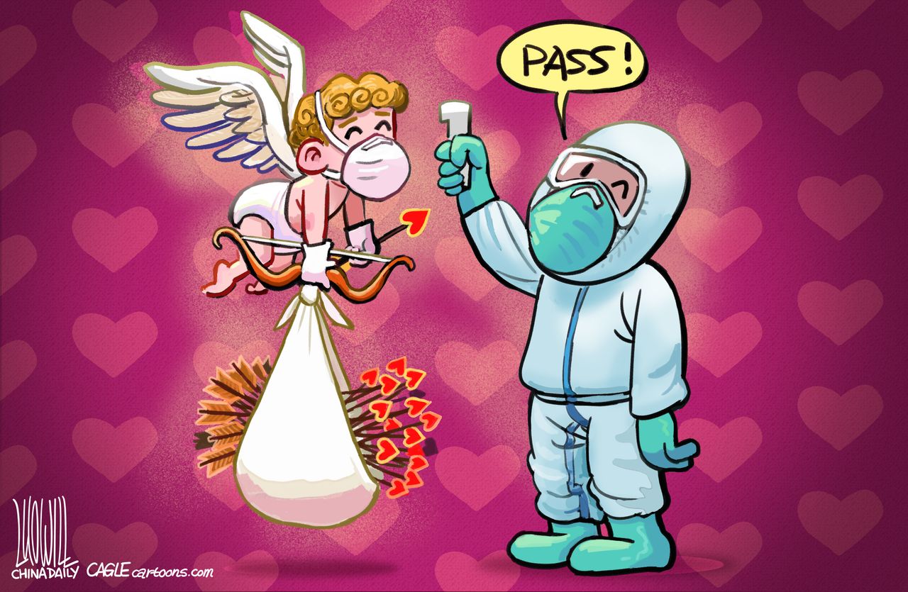 Editorial Cartoon World Valentine&amp;#039;s Day Coronavirus Cupid love virus quarantine test