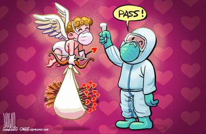 Editorial Cartoon World Valentine's Day Coronavirus Cupid love virus quarantine test
