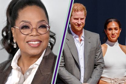 Oprah Winfrey portrait split layout with photo of Prince Harry and Meghan Markle