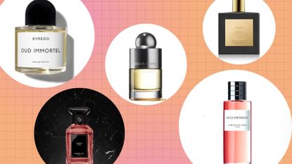 a collage image featuring five of the best oud perfumes, including picks from Dior, Miller Harris, BYREDO, Guerlain and more, against a pink background