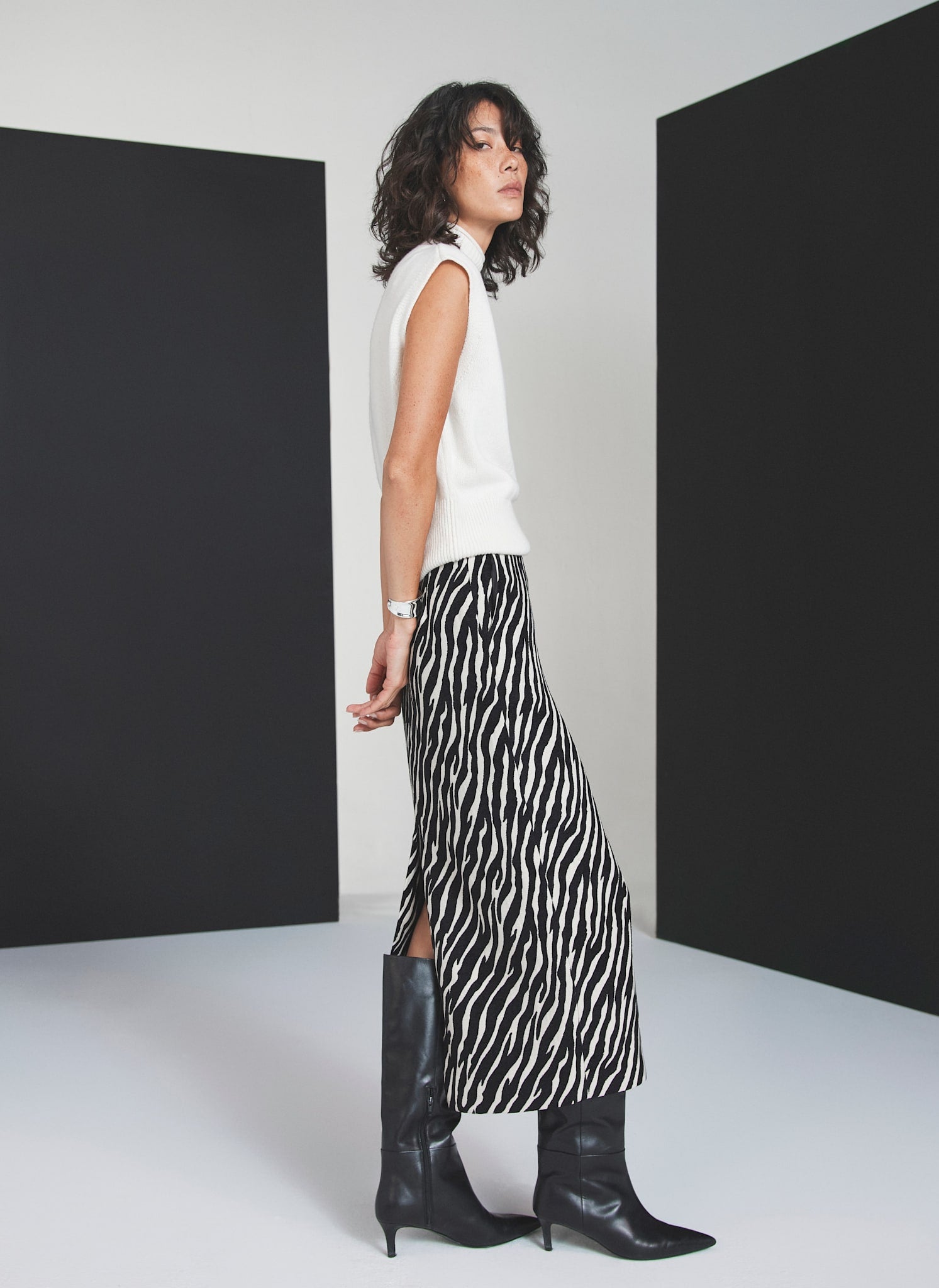 Neutral Zebra Print Midi Skirt