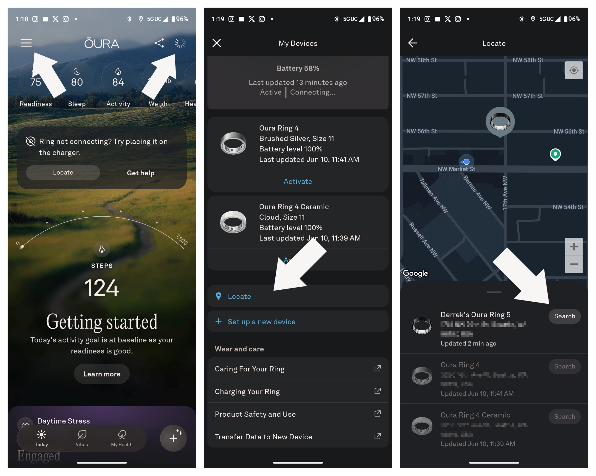 Using the Oura app Locate feature