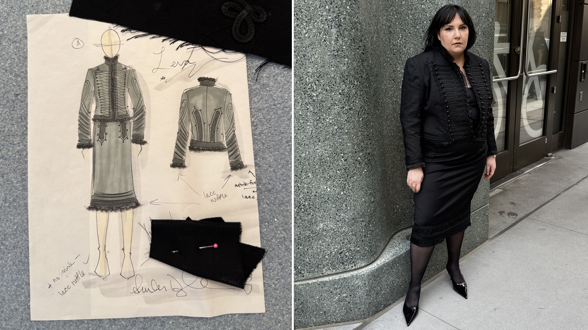 a collage of lena dunham wearing a black military jacket and pencil skirt
