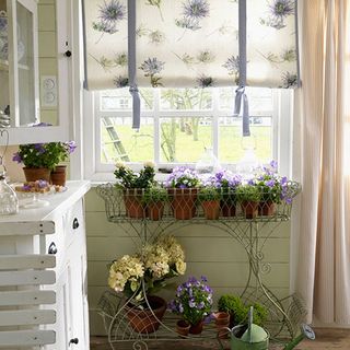 house with window blinds and iron stand planter