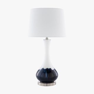 blue and white table lamp with long fluted neck and rounded base