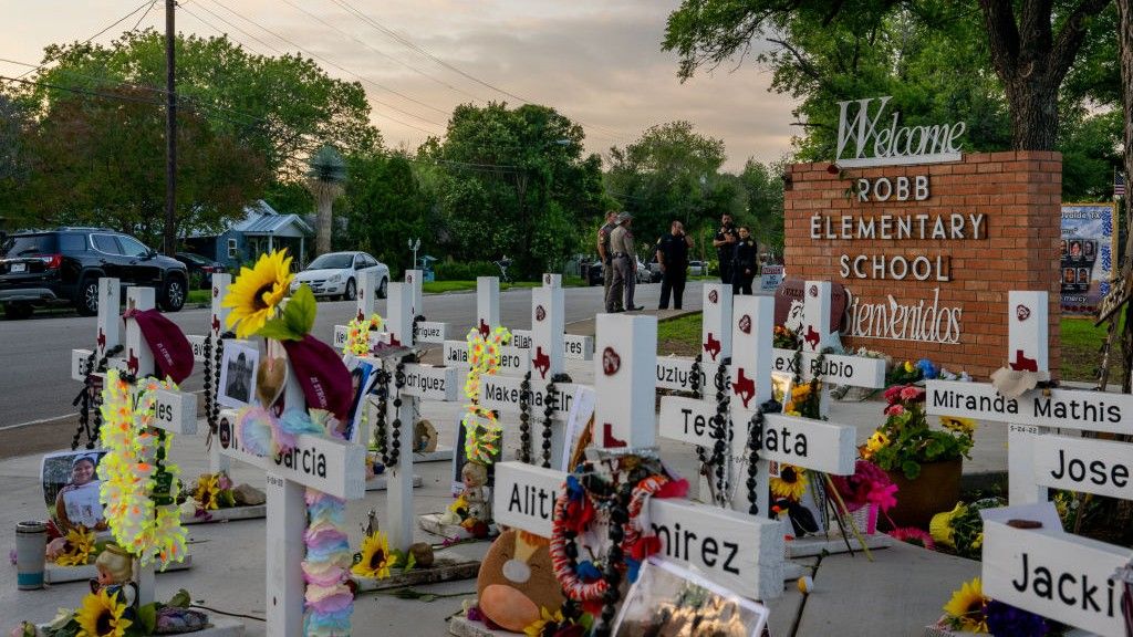 A memorial at Robb Elementary on the one-year anniversary of the shooting