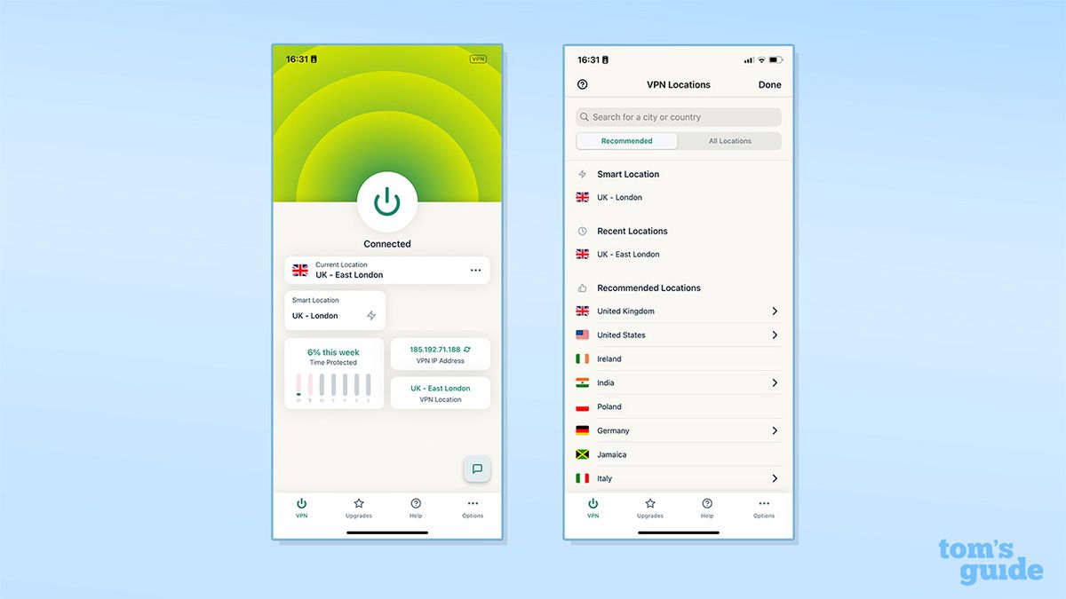 Two screenshots showing ExpressVPN's homepage and its server list on its iOS app.