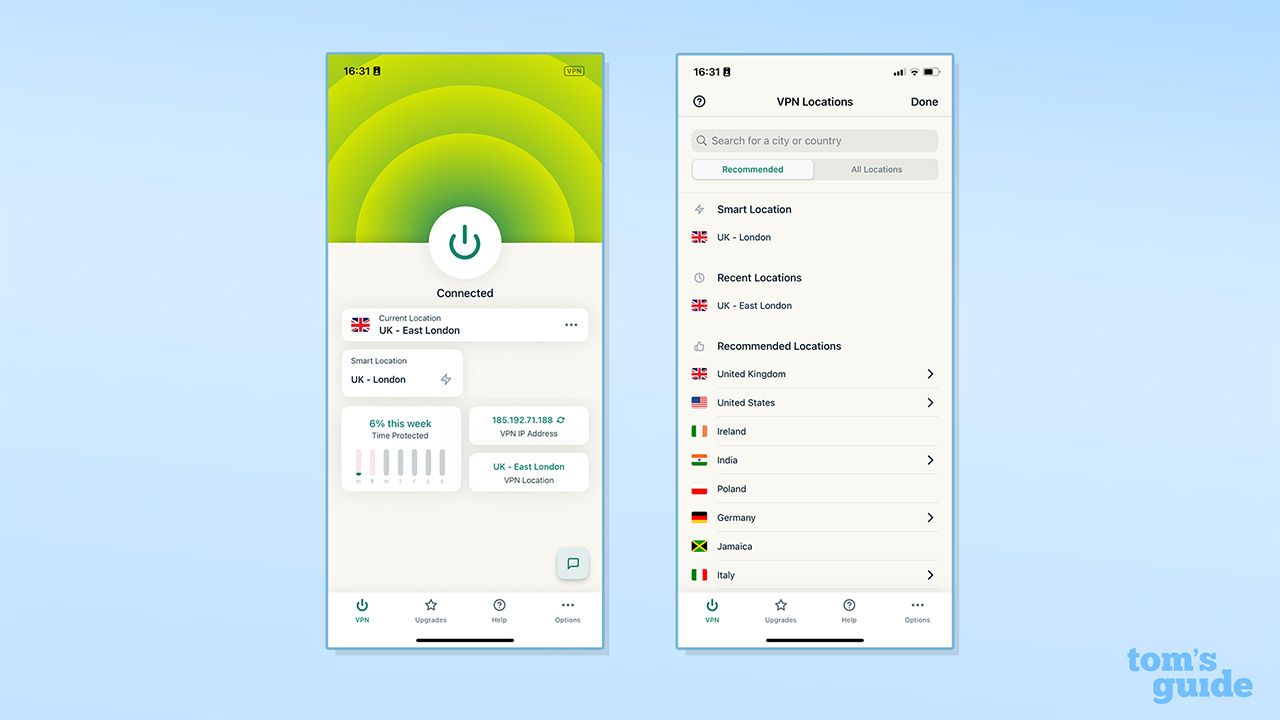 Two screenshots showing ExpressVPN's homepage and its server list on its iOS app.