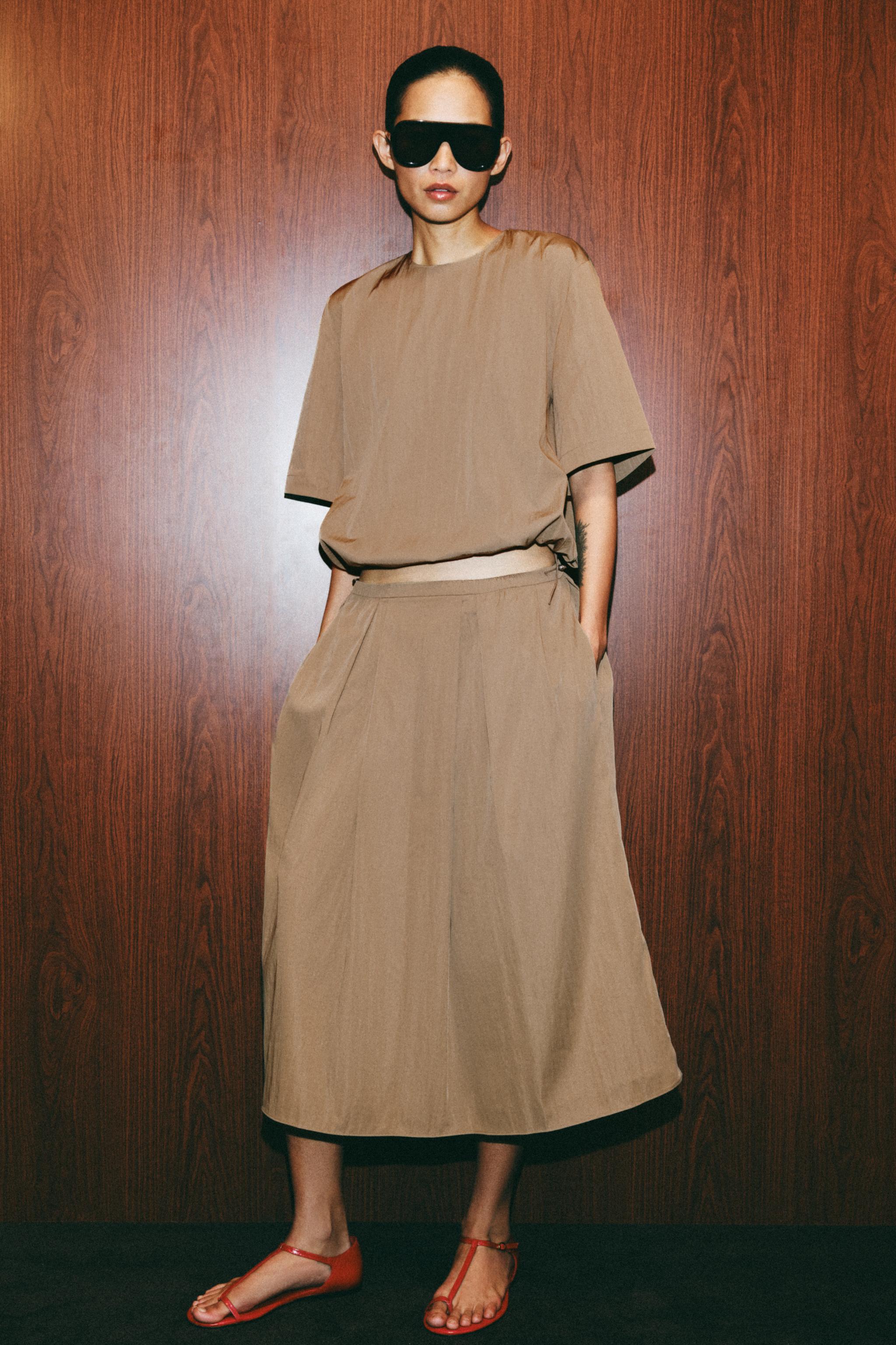 Zw Collection Nylon Midi Skirt - Brown / Taupe - Xs