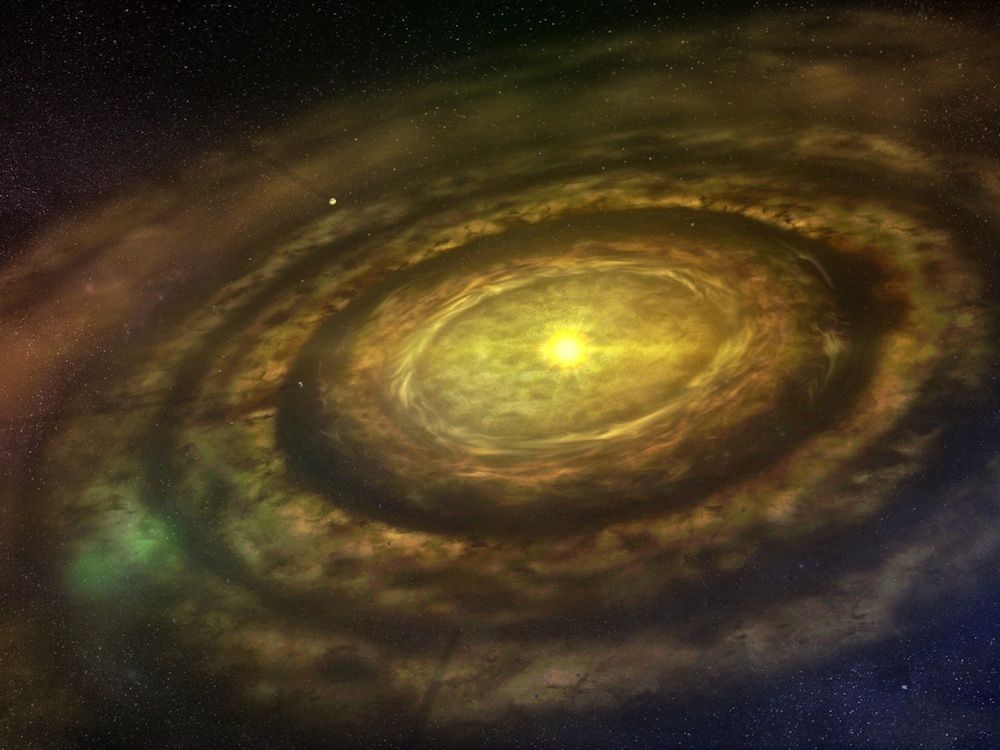 newly formed star surrounded by a swirling protoplanetary disk