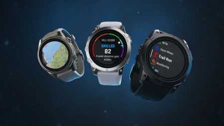 Three Garmin Epix Pro 2 smartwatches showing various screen details