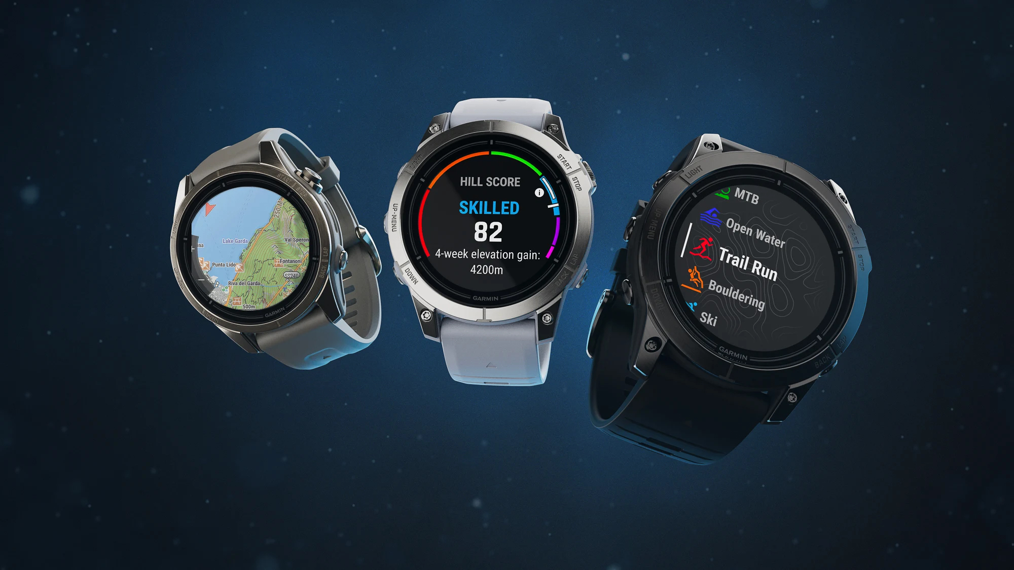 Three Garmin Epix Pro 2 smartwatches showing various screen details