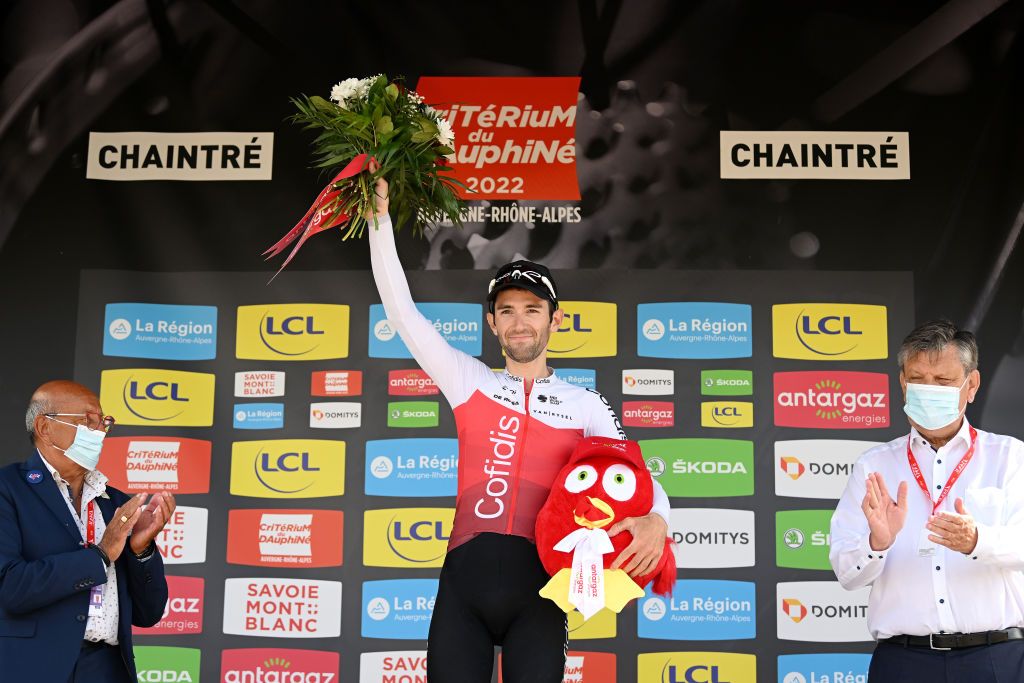 CHAINTRE FRANCE JUNE 09 Benjamin Thomas of France and Team Cofidis celebrates winning the trophy for the most combative rider on the podium ceremony after the 74th Criterium du Dauphine 2022 Stage 5 a 1623km stage from ThizylesBourgs to Chaintr WorldTour Dauphin on June 09 2022 in Chaintre France Photo by Dario BelingheriGetty Images