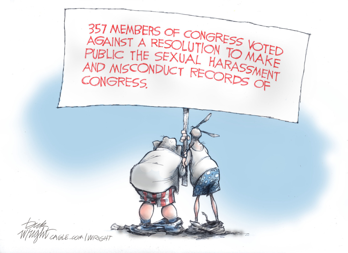 A male elephant and a donkey are viewed from the back, both of them with their pants dwn. They hold a sign together that reads, &amp;ldquo;357 members of Congress voted against a resolution to make public the sexual harassment and misconduct records of Congress.&amp;rdquo;