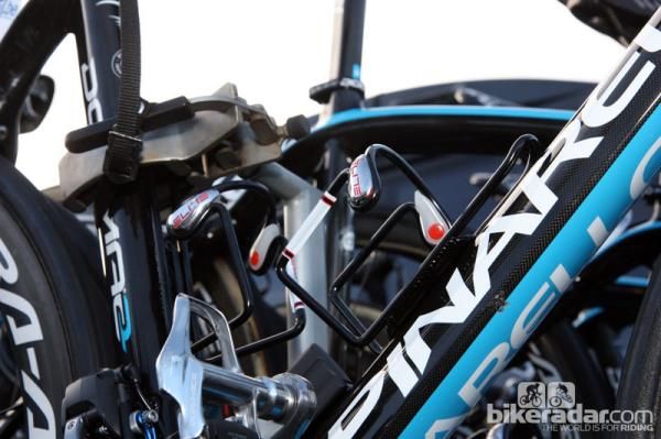 Aluminum Elite Ciussi cages on Edvald Boasson Hagen's (Sky) Pinarello Dogma 2 are chosen for their extra security on the cobbles.