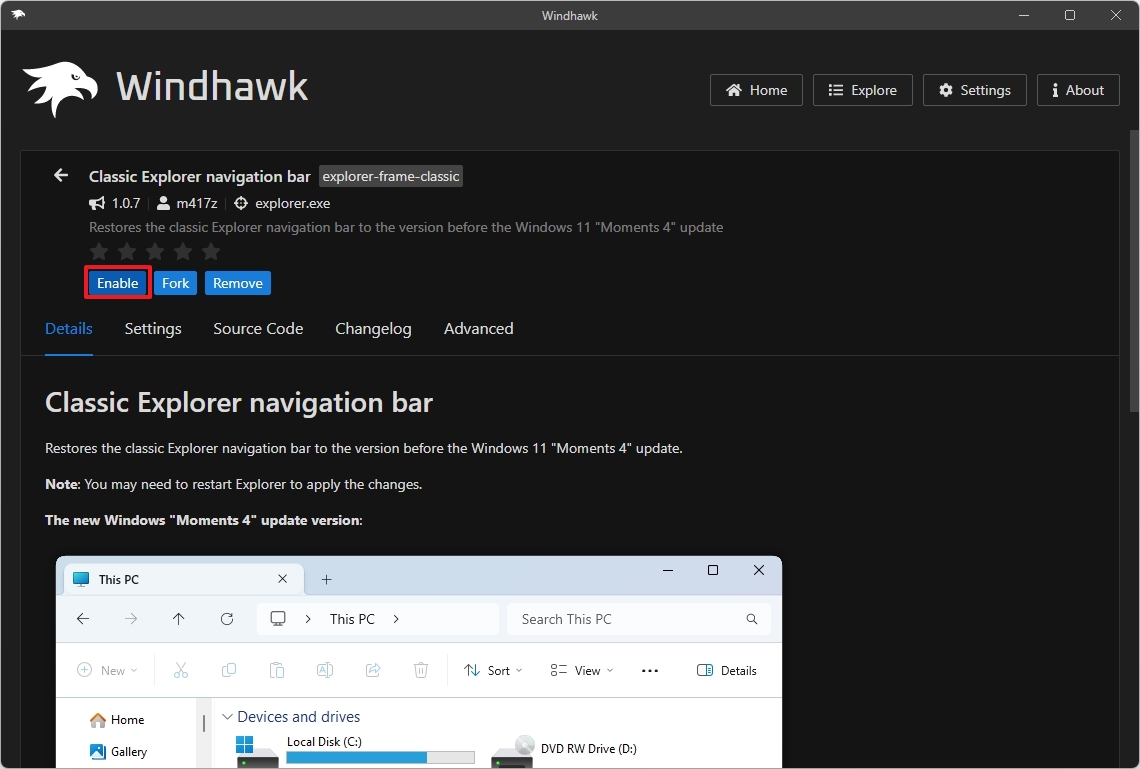 Windhawk enable classic File Explorer