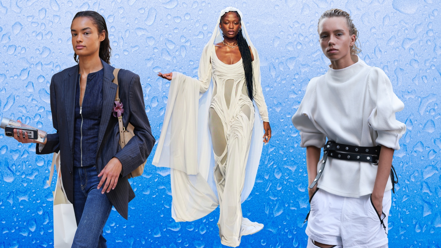 Three models. Two have wet-looking hair, one has a wet-looking dress