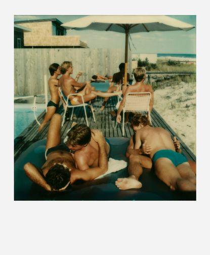 Left: Group of men hugging in the sea. Right: Man diving in the pool and a man getting out the pool