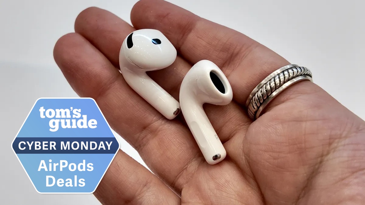AirPods 4 in hand with Cyber Monday badge