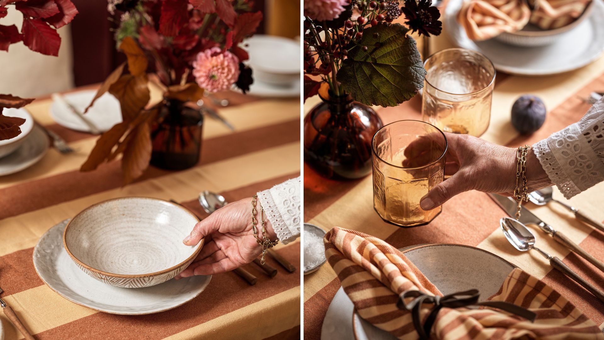 Two images showing Clodagh McKenna setting a table with ceramic plates and amber glasses