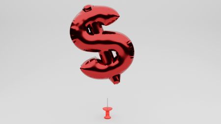 A red balloon dollar sign hovers above a red tack.