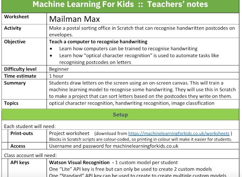 Screenshot of Machine Learning for Kids showing detailed lesson notes for teachers.