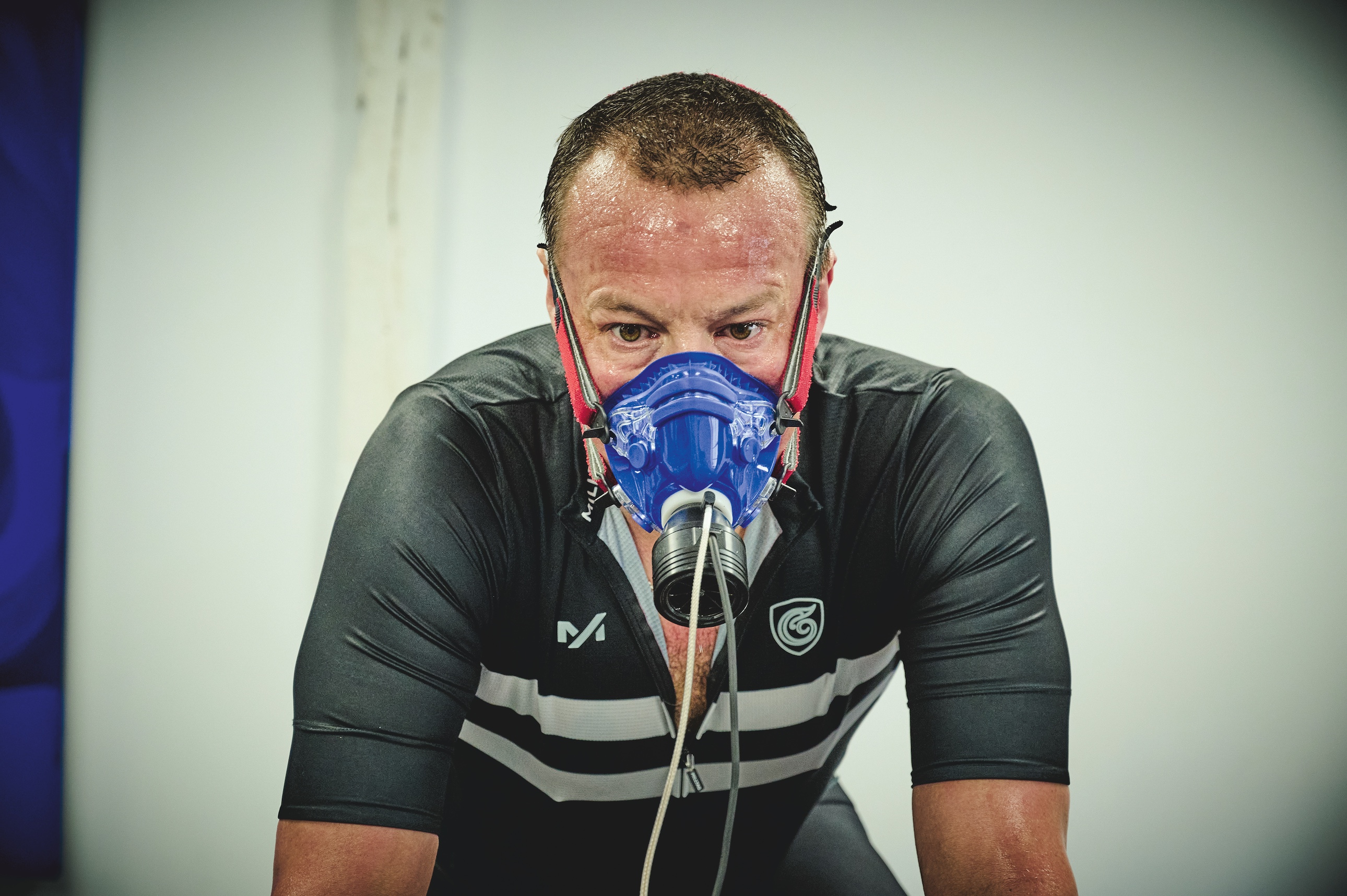 Steve Shrubsall in the lab wearing an gas-collecting mask