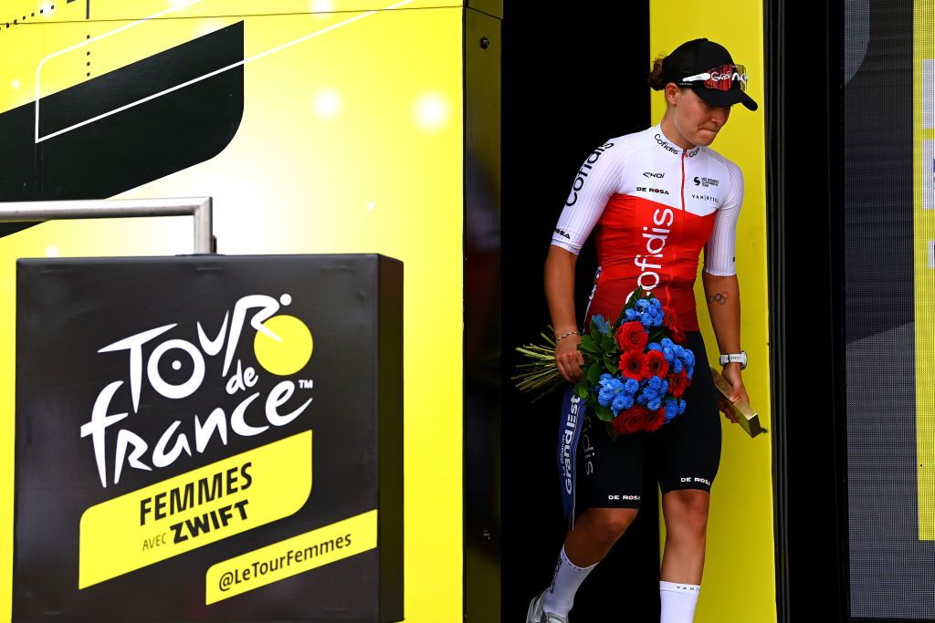 SAINTDIDESVOSGES FRANCE JULY 28 Victoire Berteau of France and Team Cofidis Fminin celebrates at podium as Most Combative Rider winner during the 1st Tour de France Femmes 2022 Stage 5 a 1756km stage from BarleDuc to SaintDidesVosges TDFF UCIWWT on July 28 2022 in SaintDidesVosges France Photo by Tim de WaeleGetty Images