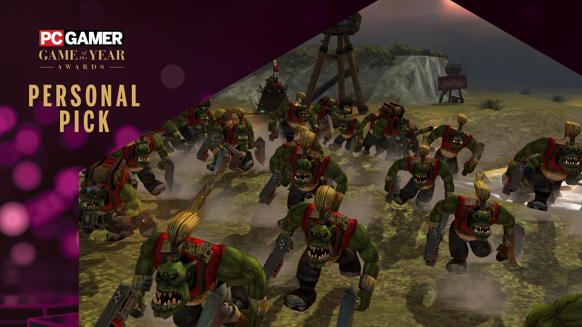 A banner declaring "PC Gamer game of the year 2025 personal pick" on top of a screenshot of Dawn of War Definitive Edition's orks