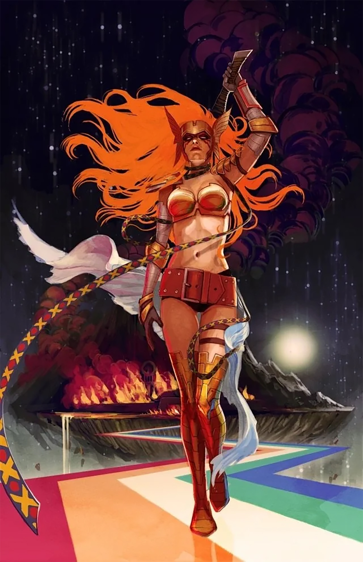 Angela drawing her sword as she walks down the Rainbow Bridge of Asgard