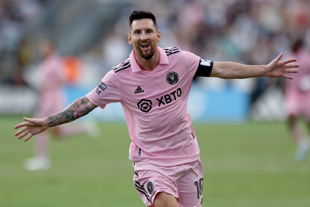 Lionel Messi #10 of Inter Miami CF celebrates after scoring a goal in the first half during the Leagues Cup 2023 semifinals match between Inter Miami CF and Philadelphia Union at Subaru Park on August 15, 2023 in Chester, Pennsylvania. (Photo by Tim Nwachukwu/Getty Images) 