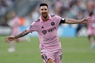Lionel Messi #10 of Inter Miami CF celebrates after scoring a goal in the first half during the Leagues Cup 2023 semifinals match between Inter Miami CF and Philadelphia Union at Subaru Park on August 15, 2023 in Chester, Pennsylvania. (Photo by Tim Nwachukwu/Getty Images) 