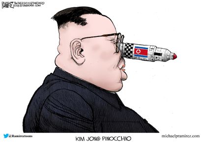 Political cartoon U.S. Kim Jong Un Pinocchio nuclear Trump